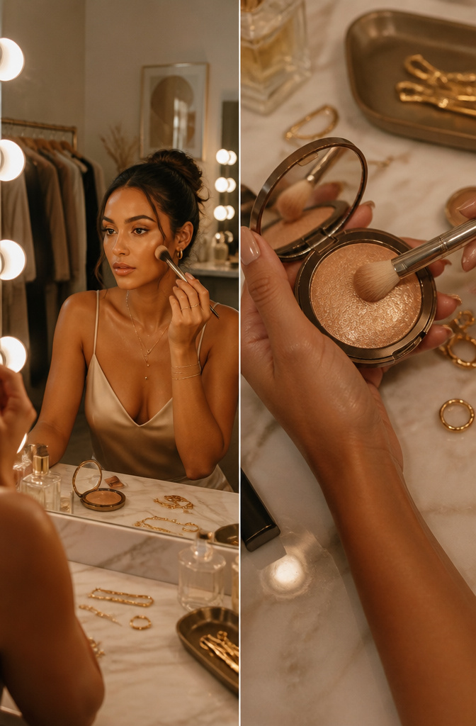 6 Makeup Looks for Tan Skin Tones in 2026 7 Model applying golden champagne highlighter on cheekbones.