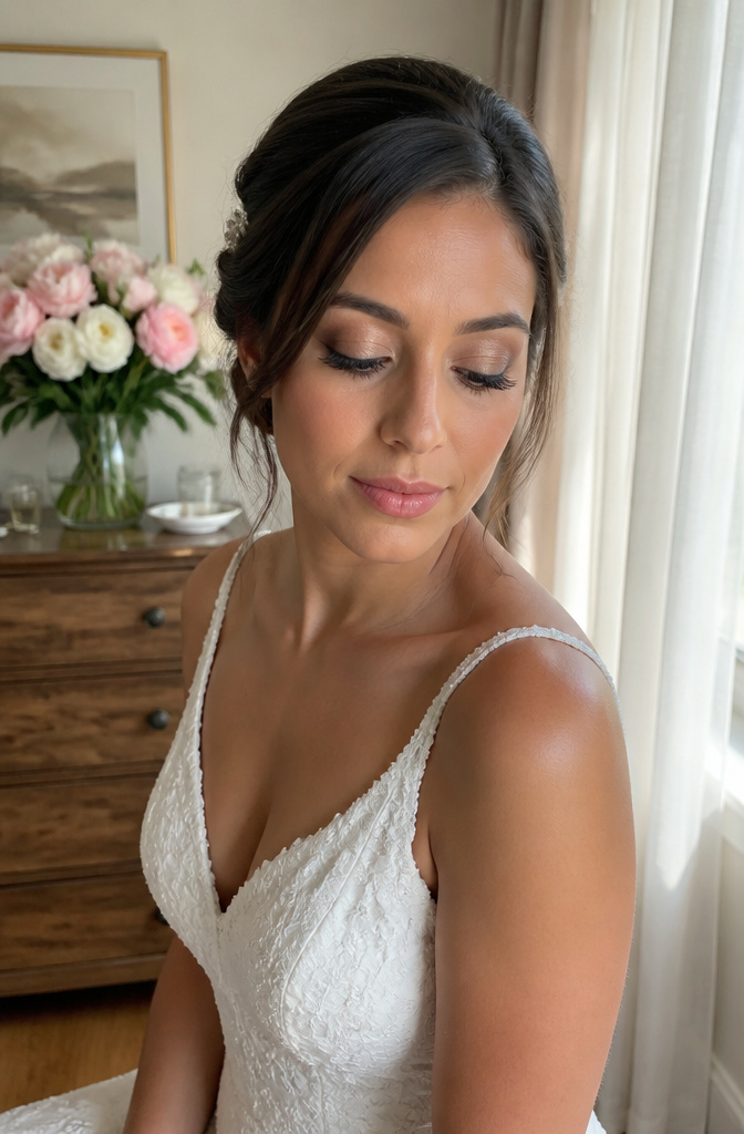Bride with neutral eye makeup featuring taupe and beige hues.
