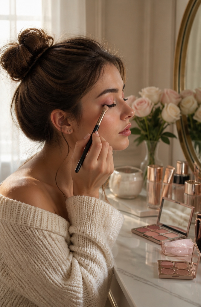Model with blended light pink shades and soft shimmer on the inner corner.