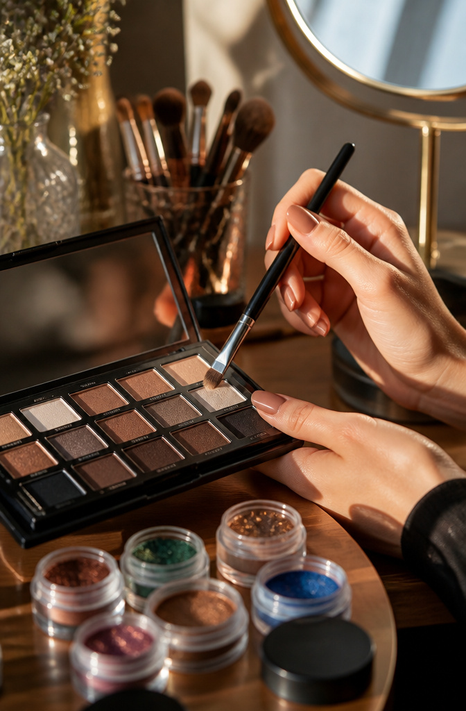 How to Do a Smokey Eye: A 9-Step Tutorial for 2026 7 A model's hand applies lighter shadow to the inner corner of an eye.