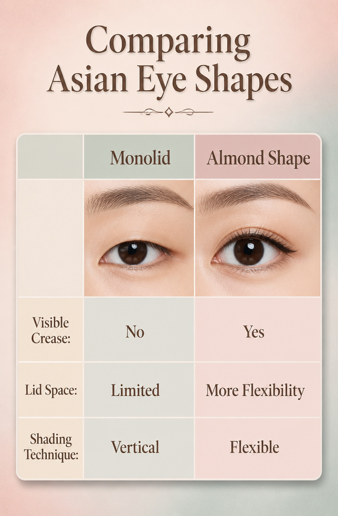 Comparison of four Asian eye shapes: monolid, hooded, tapered, and almond.