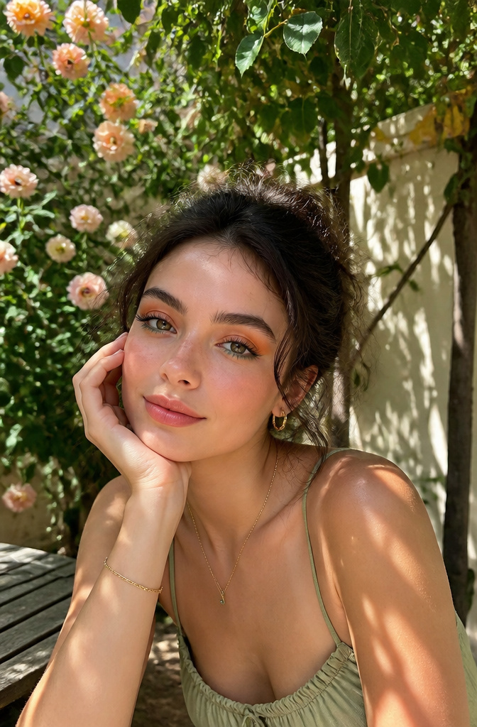 Make Up Inspo Pics: Looks, Techniques & Color Guides for 2026 7 A model with orange and green makeup seated in a bright garden.