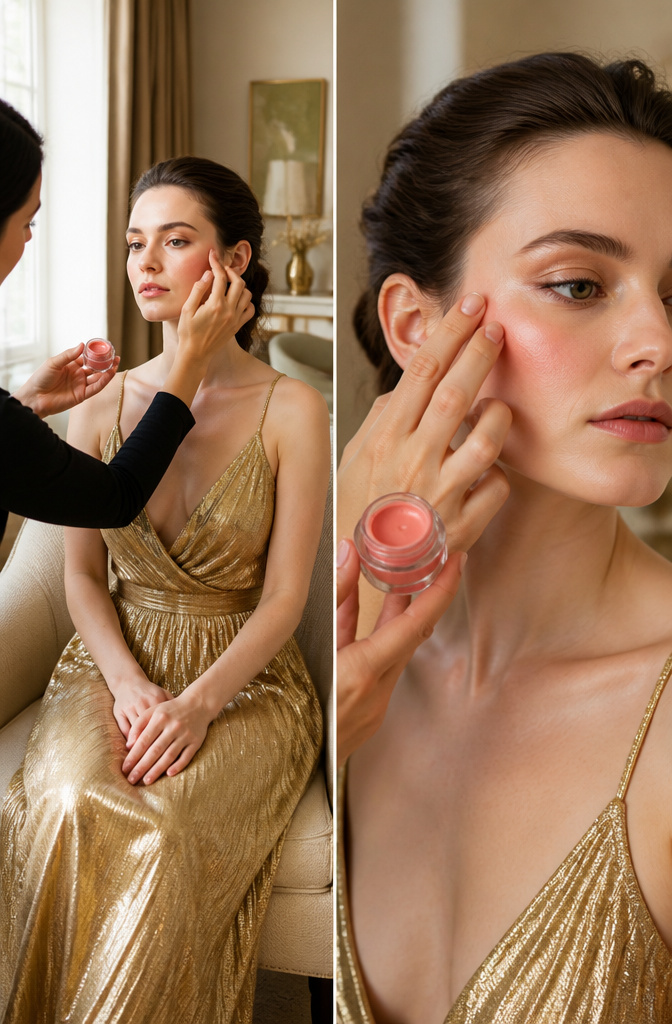 Makeup products including blush and highlighter suitable for gold dresses.