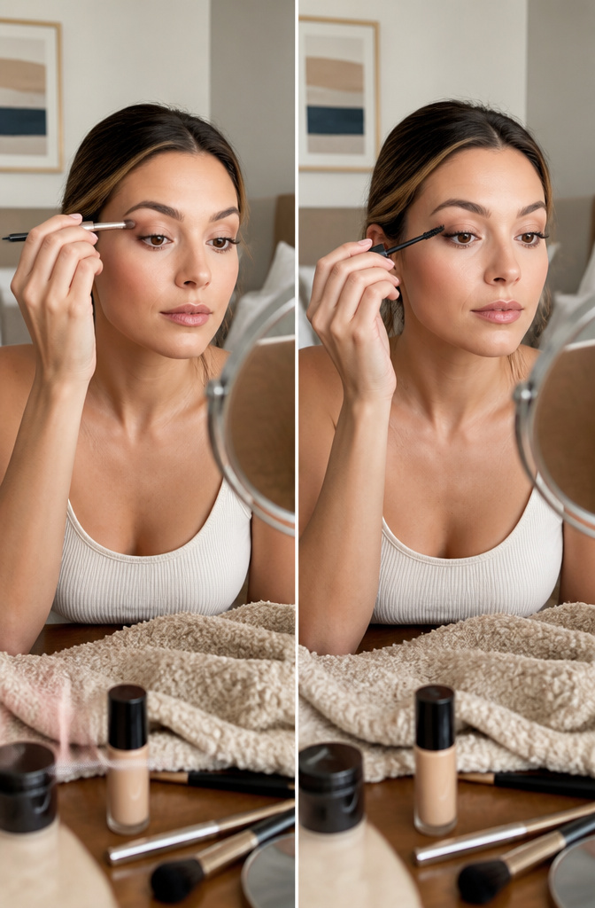 How to Do Light Brown Eye Makeup Natural in 2026: 2 Methods 7 Model applying mascara to enhance lashes without clumping.