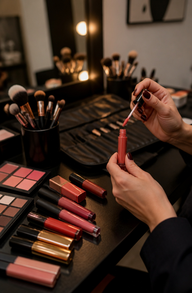 A makeup artist applying glossy lip color to a model's lips.