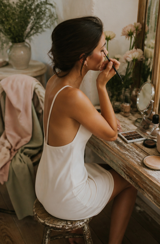 Model in a dressing area demonstrating effortless smudged liner technique.