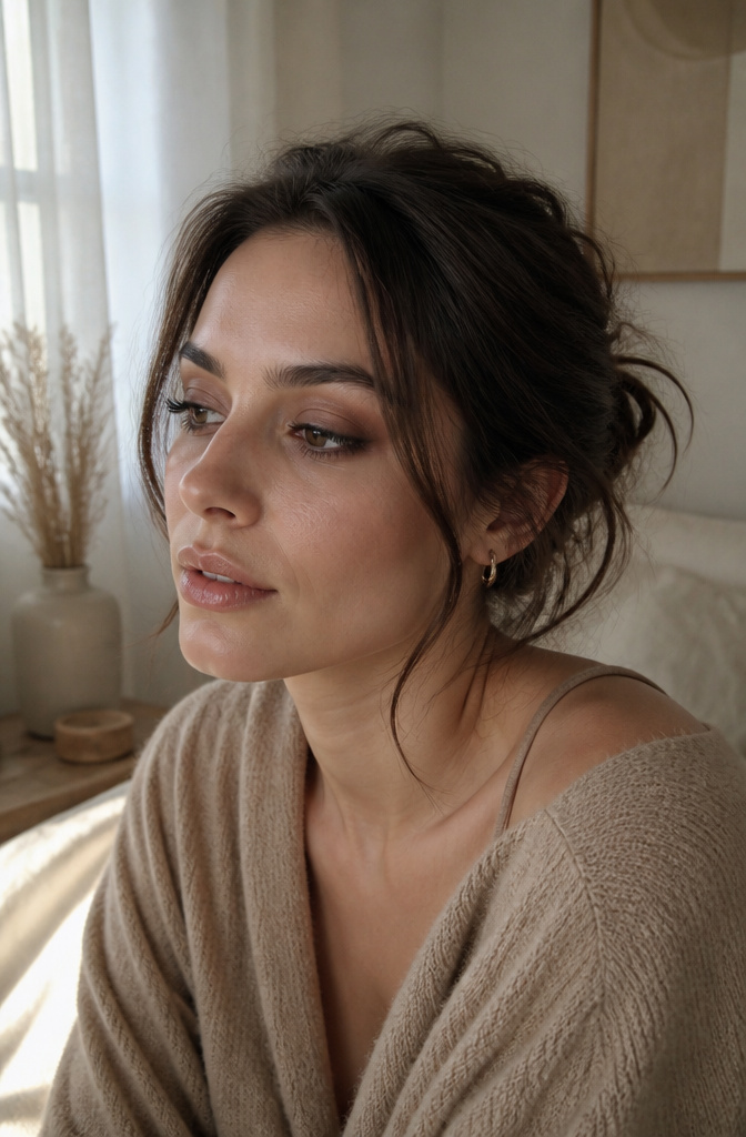 Model with soft smoky eyes in earthy tones.