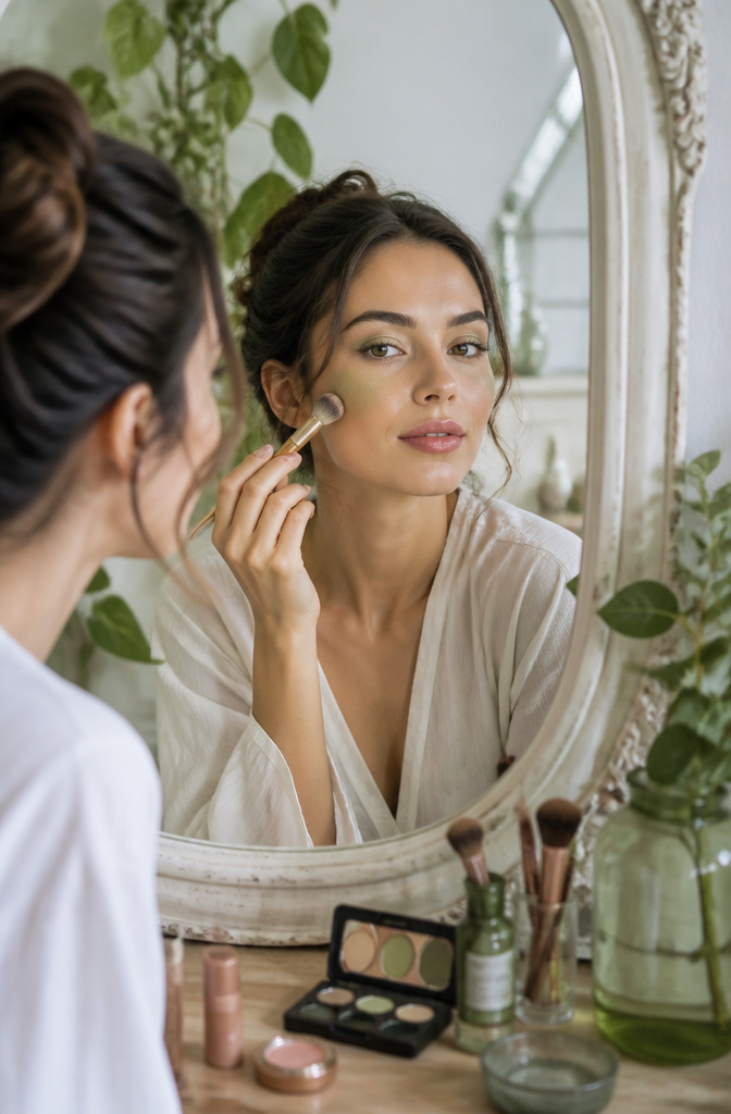How to Do Simple Green Makeup: 6 Wearable Looks From Subtle to Bold 7 Model with understated green makeup, including blush and eyeshadow.