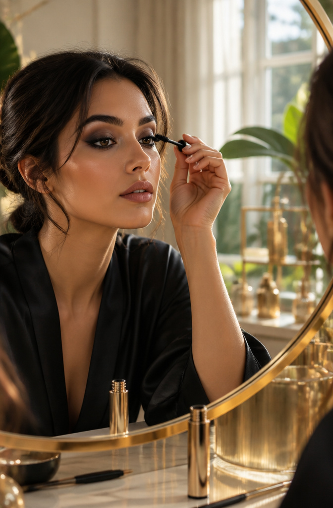 Model applying mascara to her lashes to complete the smokey eye.