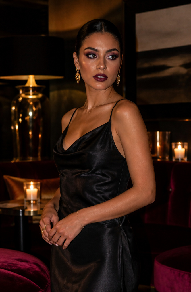 Unique Makeup Styles: 15 Looks, Types and Ideas for 2026 7 Woman in a dimly lit lounge showcasing dramatic makeup with defined features.