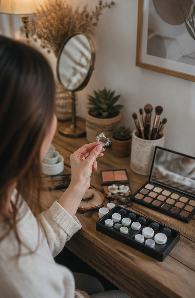 How to Do Light Brown Eye Makeup Natural in 2026: 2 Methods 8 Model holding a pair of false lashes at a styled vanity.