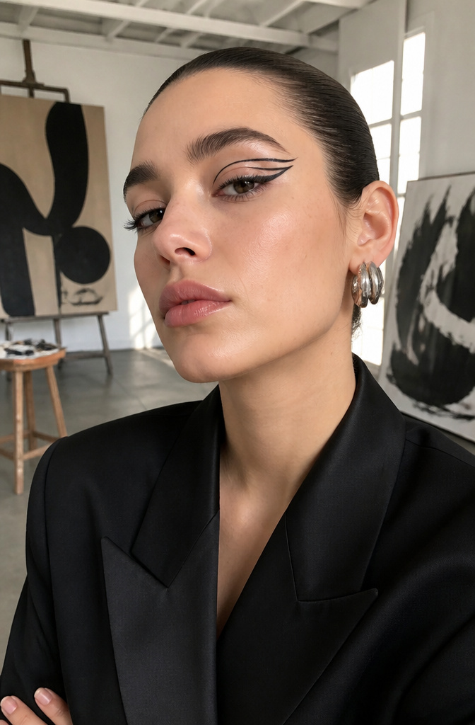 Model with graphic eyeliner featuring floating and double-winged designs.
