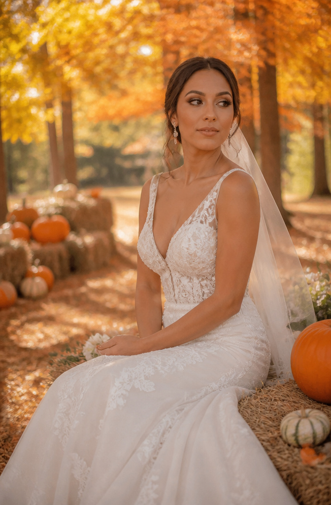 Bride showcasing warm caramel and amber makeup in autumn foliage.