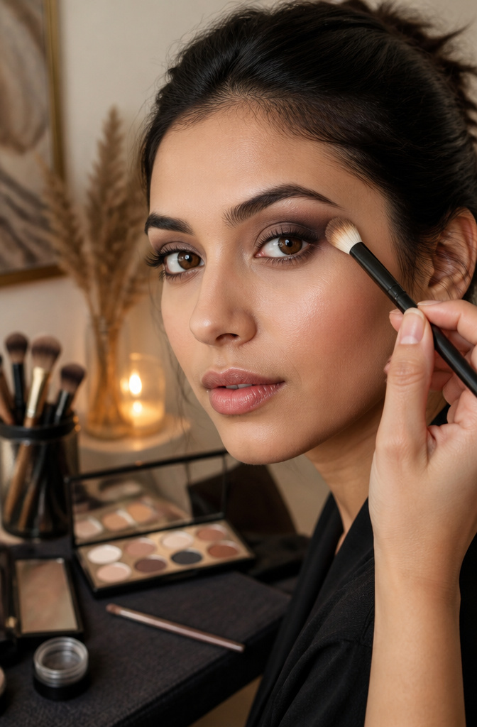 How to Do a Smokey Eye: A 9-Step Tutorial for 2026 8 A model's eye with a fluffy brush blending the edges of the eyeshadow.