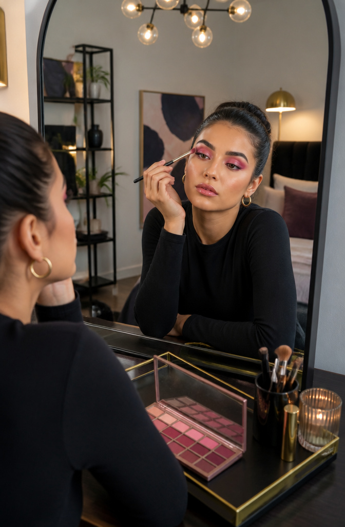 Model with layered matte pinks creating a gradient effect on the eyelids.