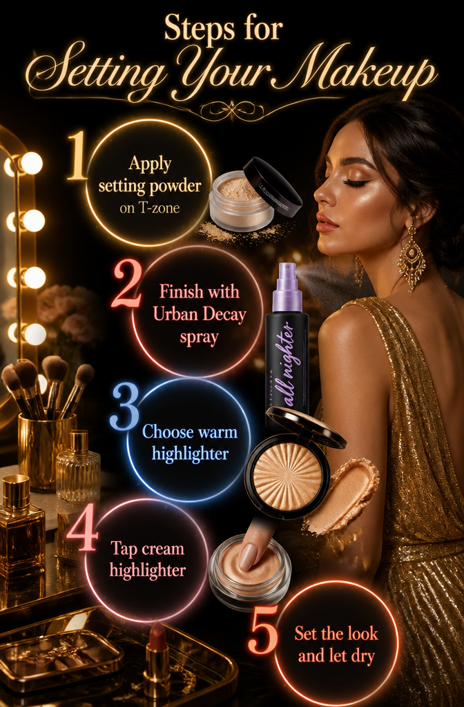 A graphic detailing steps for setting makeup effectively.