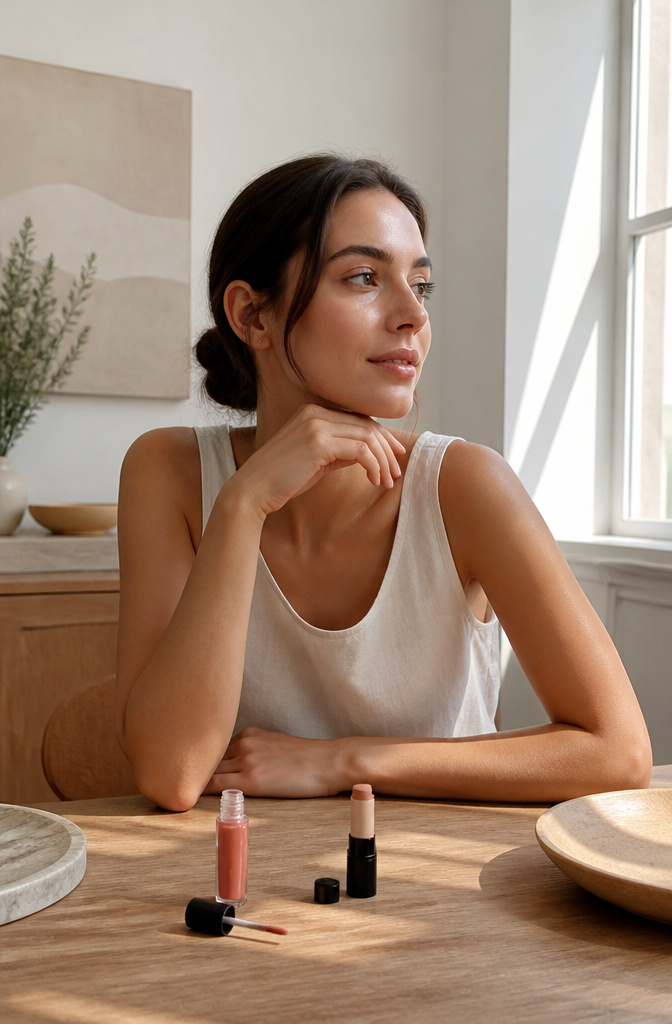 Unique Makeup Styles: 15 Looks, Types and Ideas for 2026 8 Woman in a minimalist beauty studio with simple makeup and essential products.