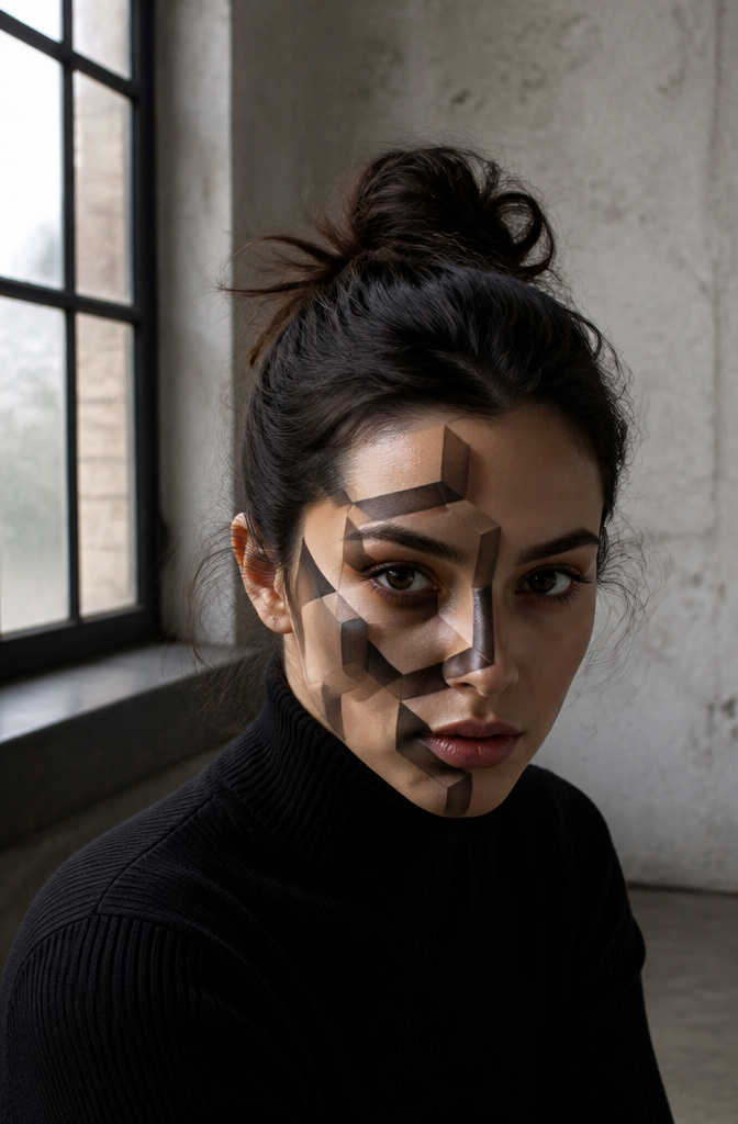 Model with intricate optical illusion makeup on her face.