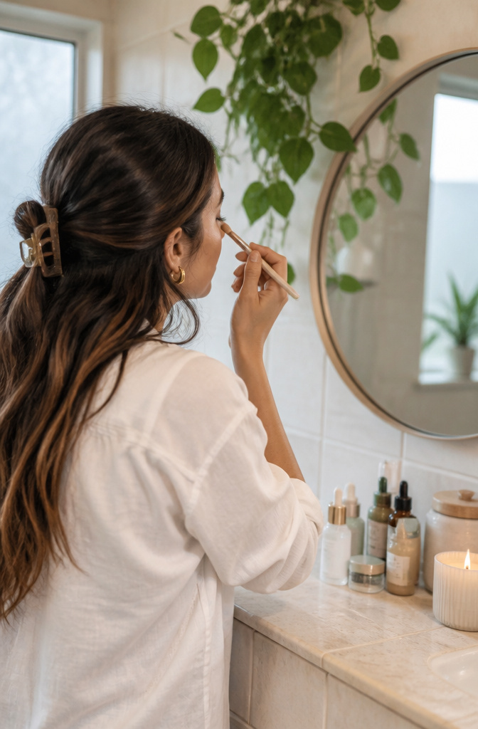 Model in a bright bathroom showcasing a natural everyday eye makeup look.
