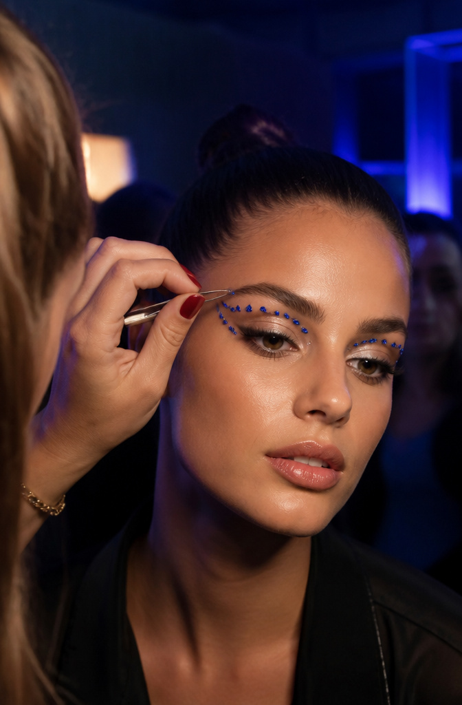 15 Euphoria Aesthetic Makeup Ideas for 2026 8 Model's brow bone adorned with blue rhinestones under club lighting.