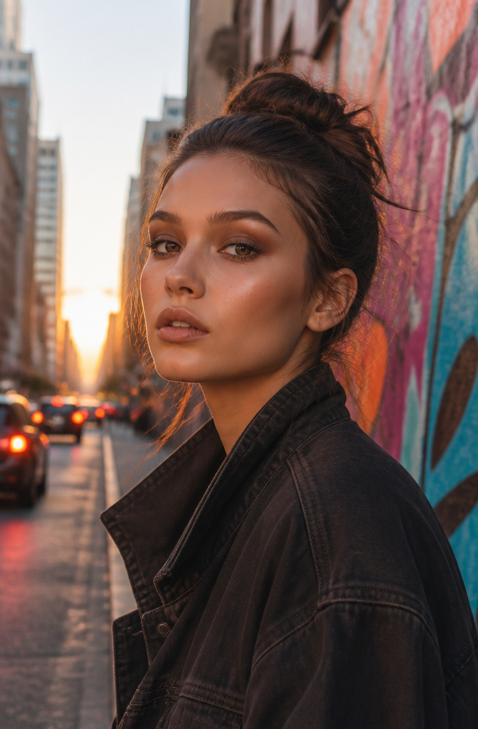 Model with a natural smoky eye set against a city skyline at sunset.