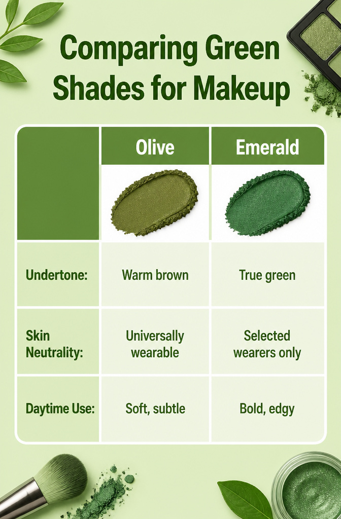 How to Do Simple Green Makeup: 6 Wearable Looks From Subtle to Bold 8 Image showing different green shades for makeup comparison.