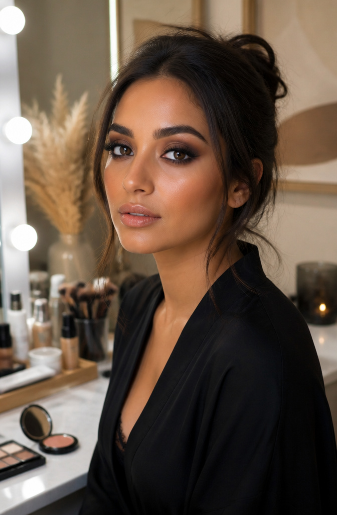 Model with finished smokey eye makeup and warm-toned foundation.