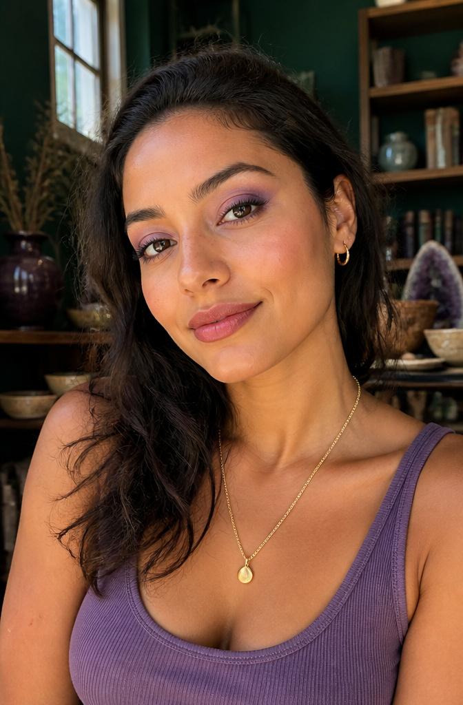 Natural Eyeshadow for Brown Eyes: 16 Color Ideas for 2026 8 Model showcasing amethyst purple eyeshadow that enhances her brown eyes.