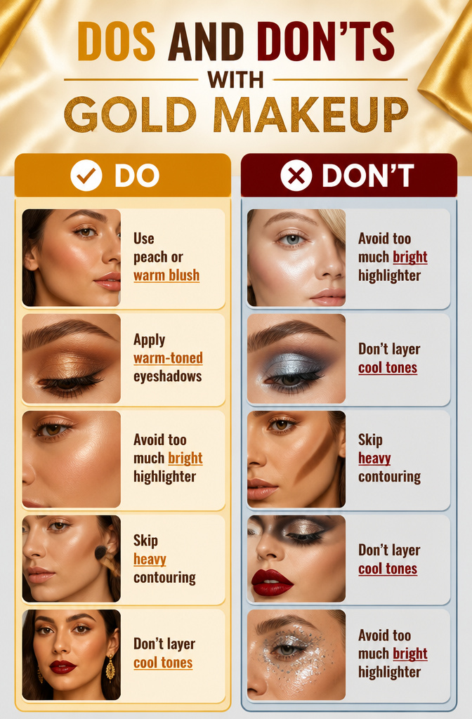 Dos and Don'ts graphic for makeup that pairs with gold dresses.