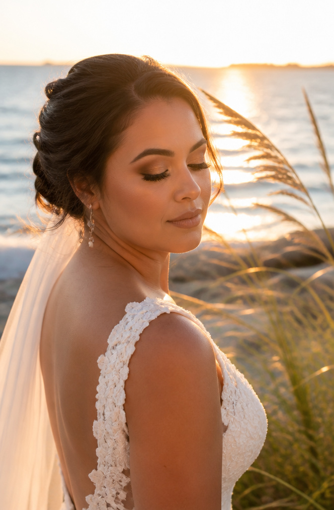 Bride showcasing bronze eyeshadow makeup during a sunset ceremony.