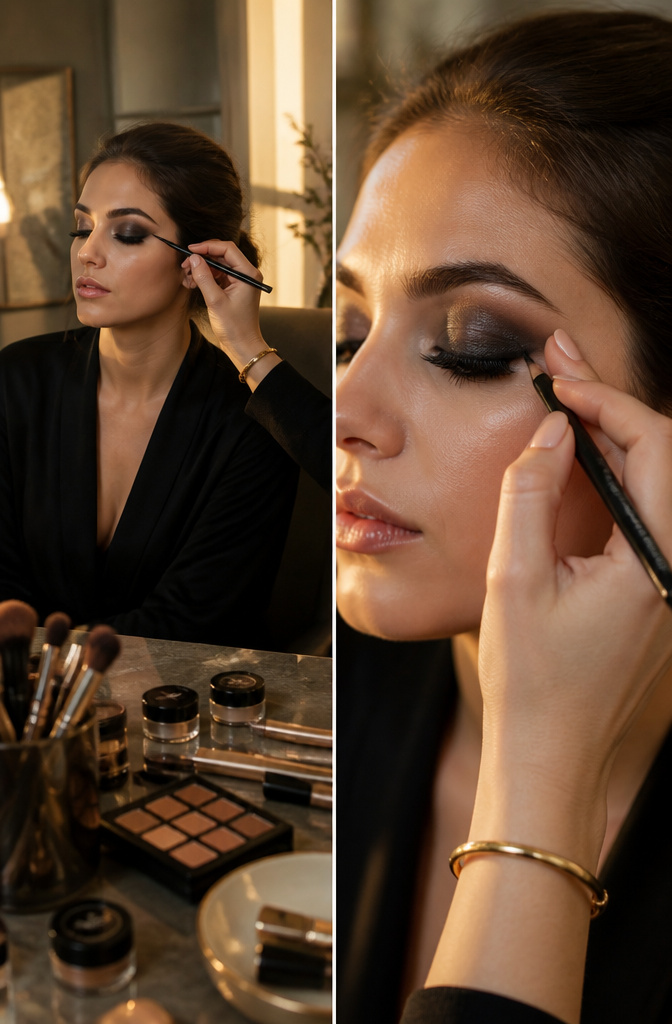 How to Do a Smokey Eye: A 9-Step Tutorial for 2026 9 A model applies gel liner to the upper and lower waterlines of her eyes.