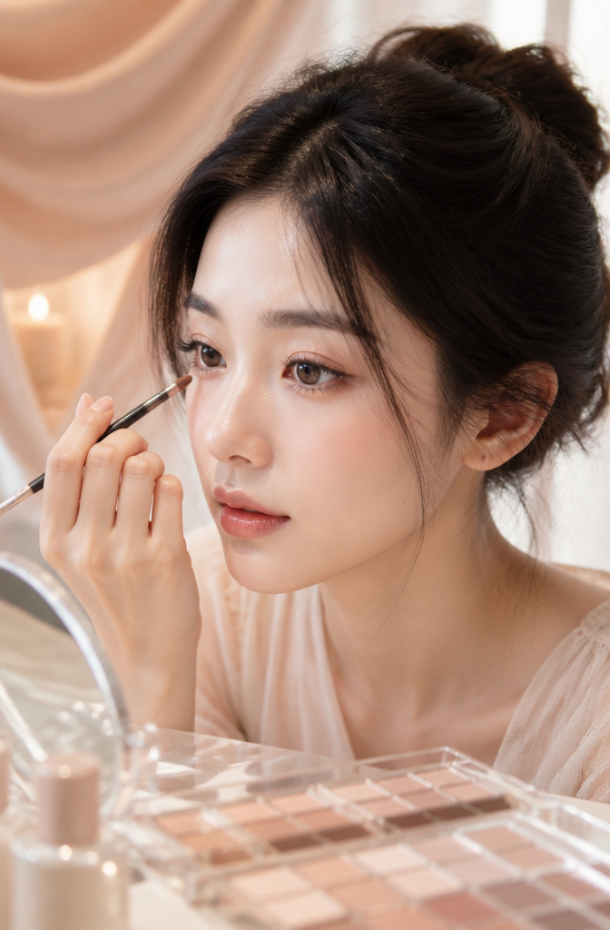 Model showcasing aegyo-sal technique with shimmer under her lower lash line.