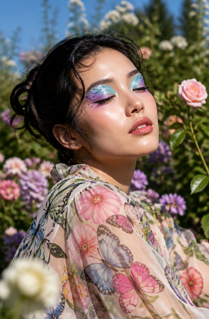 Model with butterfly-themed eye makeup in aqua and lavender shades.