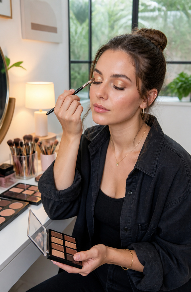 Model in a beauty studio demonstrating the quick shimmer pop technique.