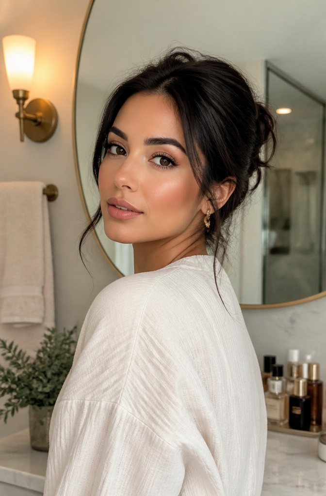 Unique Makeup Styles: 15 Looks, Types and Ideas for 2026 9 Woman in a chic bathroom showcasing soft glam makeup with a radiant finish.