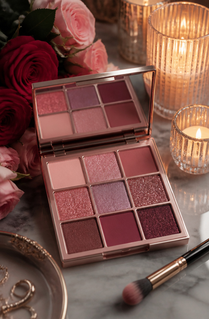 An open makeup palette with pink and metallic shades beside fresh roses.