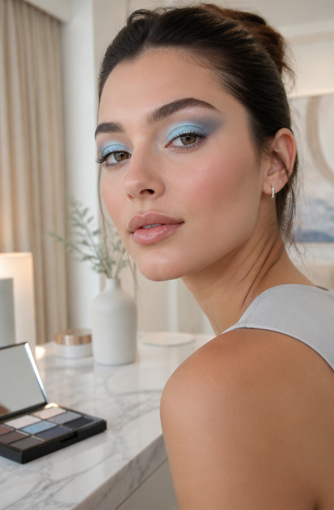 Make Up Inspo Pics: Looks, Techniques & Color Guides for 2026 9 A model with light blue halo eye makeup in a modern studio.