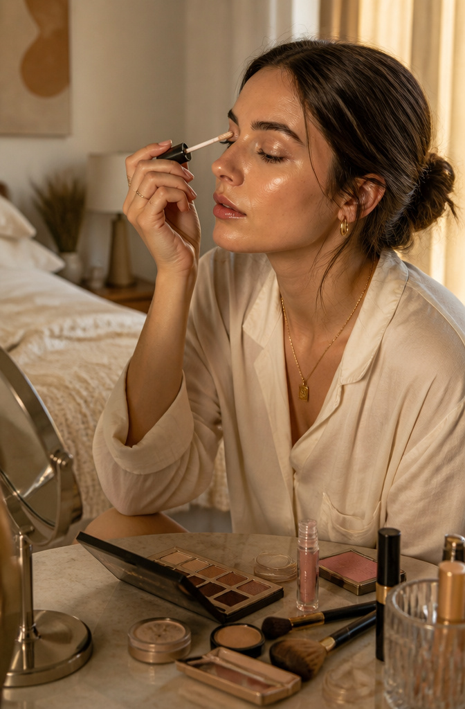 Model demonstrating a subtle eye gloss in a softly lit bedroom.
