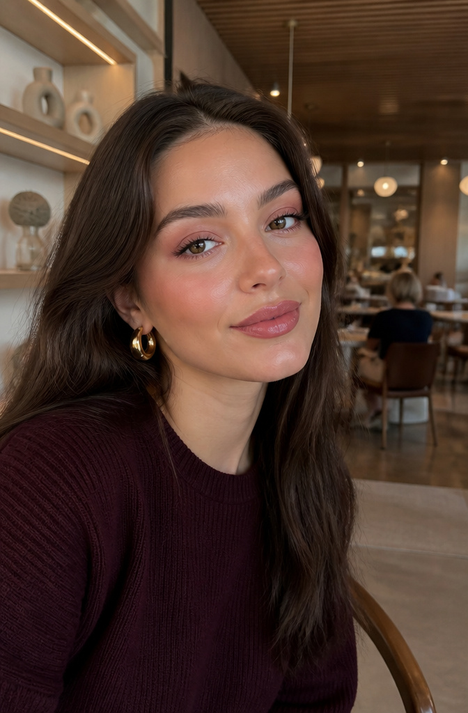 Model in monochromatic makeup with rosy tones on cheeks and lips.