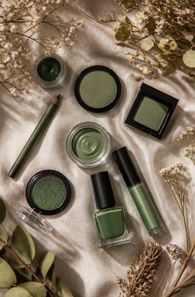 How to Do Simple Green Makeup: 6 Wearable Looks From Subtle to Bold 10 Photograph of makeup products suitable for green makeup looks.