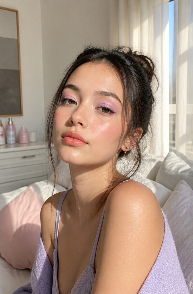 Make Up Inspo Pics: Looks, Techniques & Color Guides for 2026 10 A model with bubblegum pink and lavender eyeshadow in a bright bedroom.
