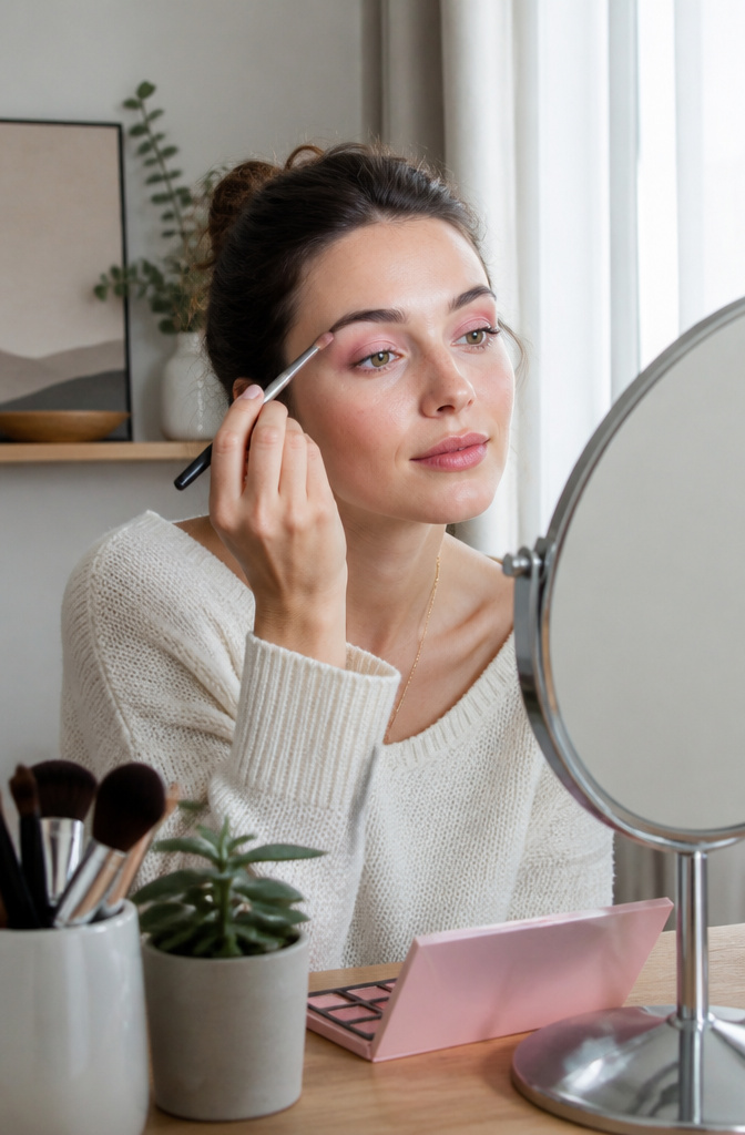 Model with a wash of matte pink shadow and soft gray along the lash lines.