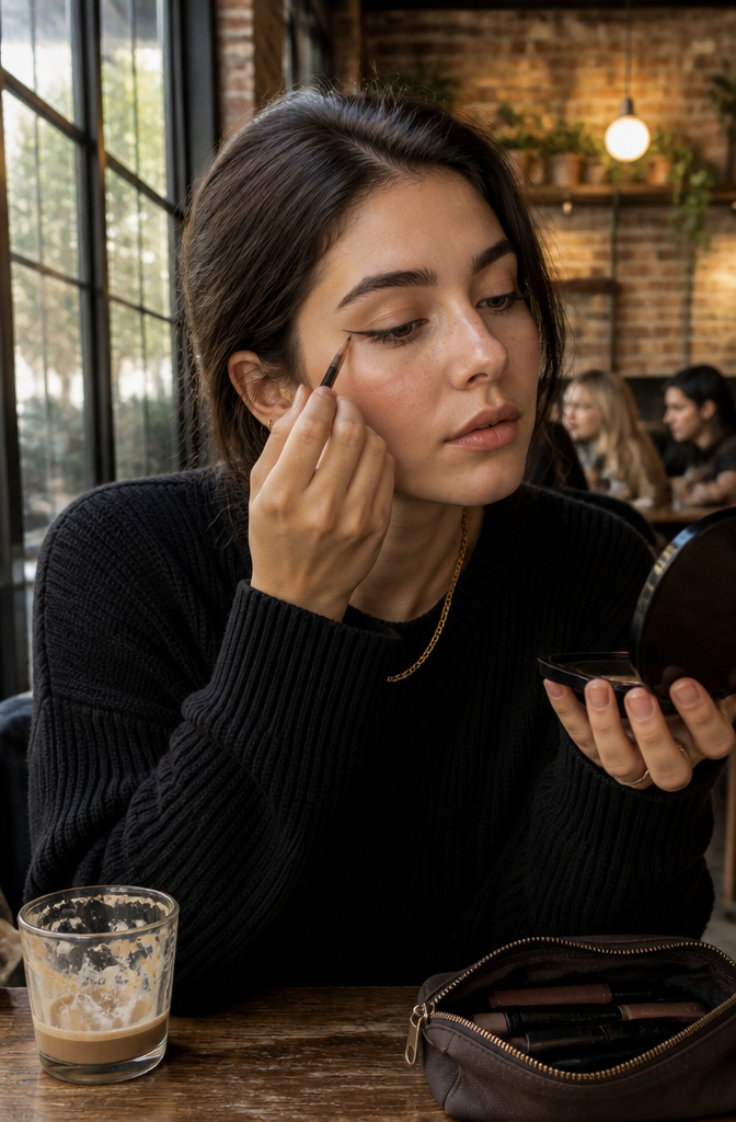 Model in a coffee shop illustrating half-wing beginner liner technique.