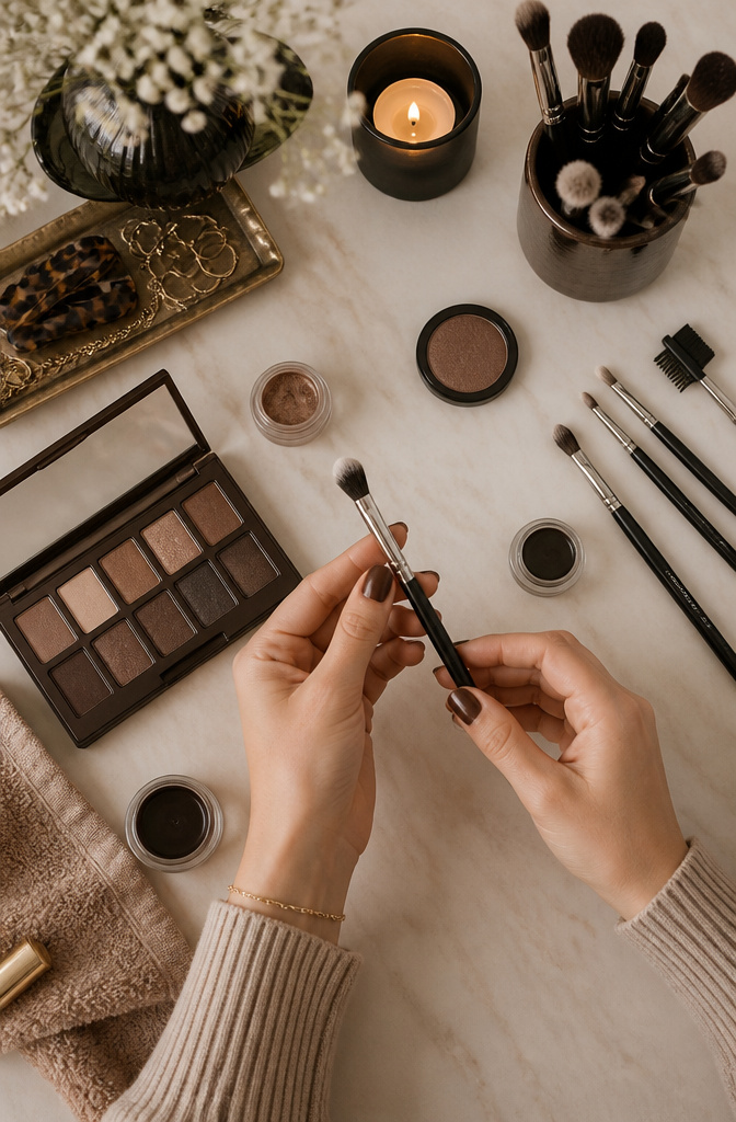 Tapered and fluffy brushes displayed for makeup application.