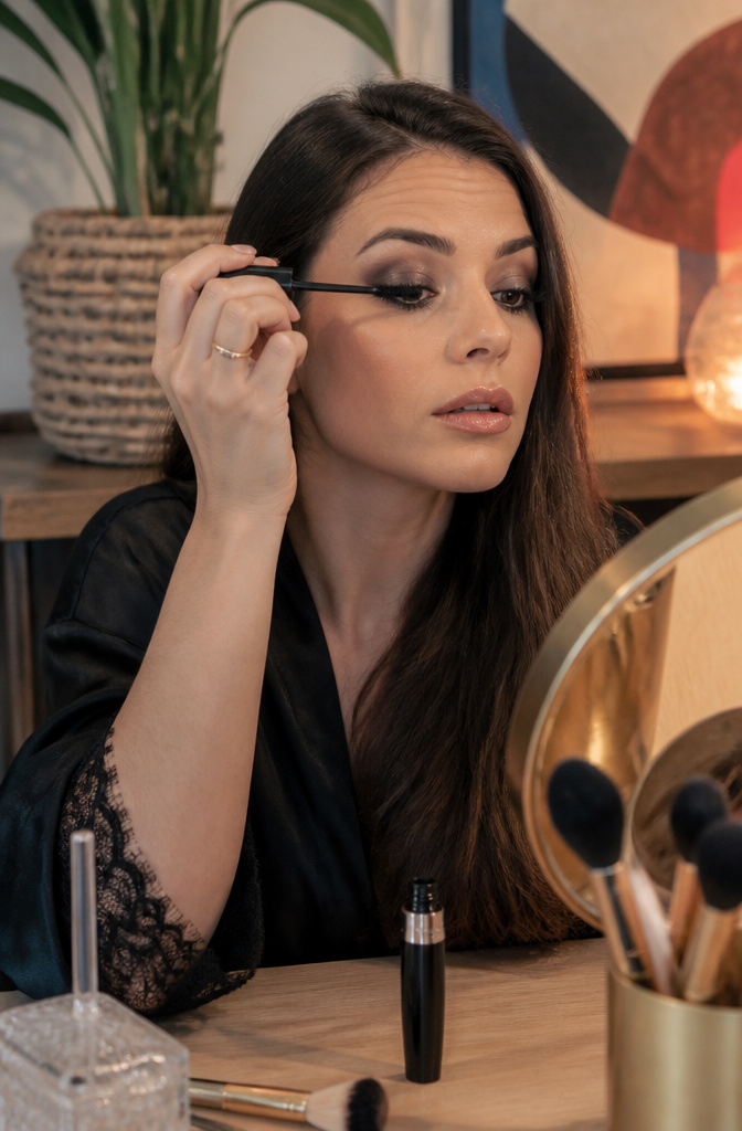 How to Do a Smokey Eye: A 9-Step Tutorial for 2026 10 A model applying mascara to her upper lashes in a vibrant dressing area.