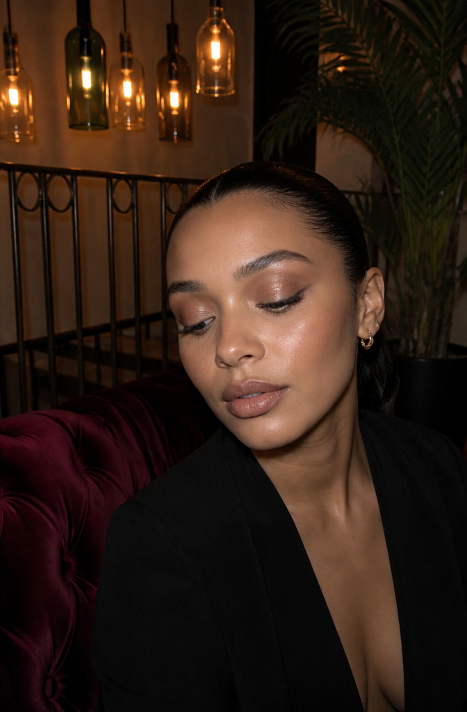 Model with light-brown shimmer on her eyelids in a dimly-lit lounge.