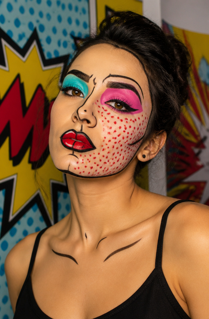 Model with vibrant pop art makeup resembling a comic book panel.