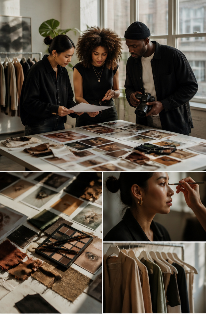 A team discussing concepts and ideas for an editorial shoot.
