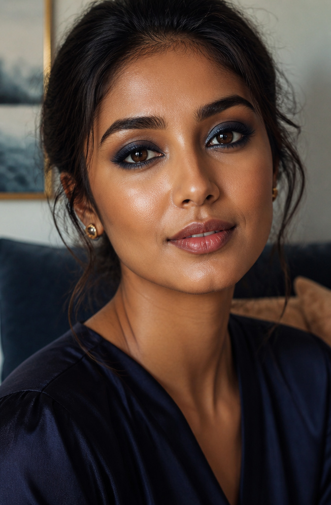 Natural Eyeshadow for Brown Eyes: 16 Color Ideas for 2026 10 Model wearing navy blue eyeshadow that contrasts with her brown eyes.