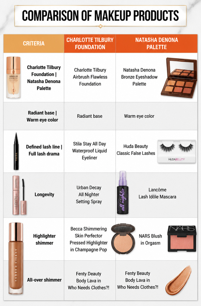 Comparison image of makeup products suited for gold dress looks.